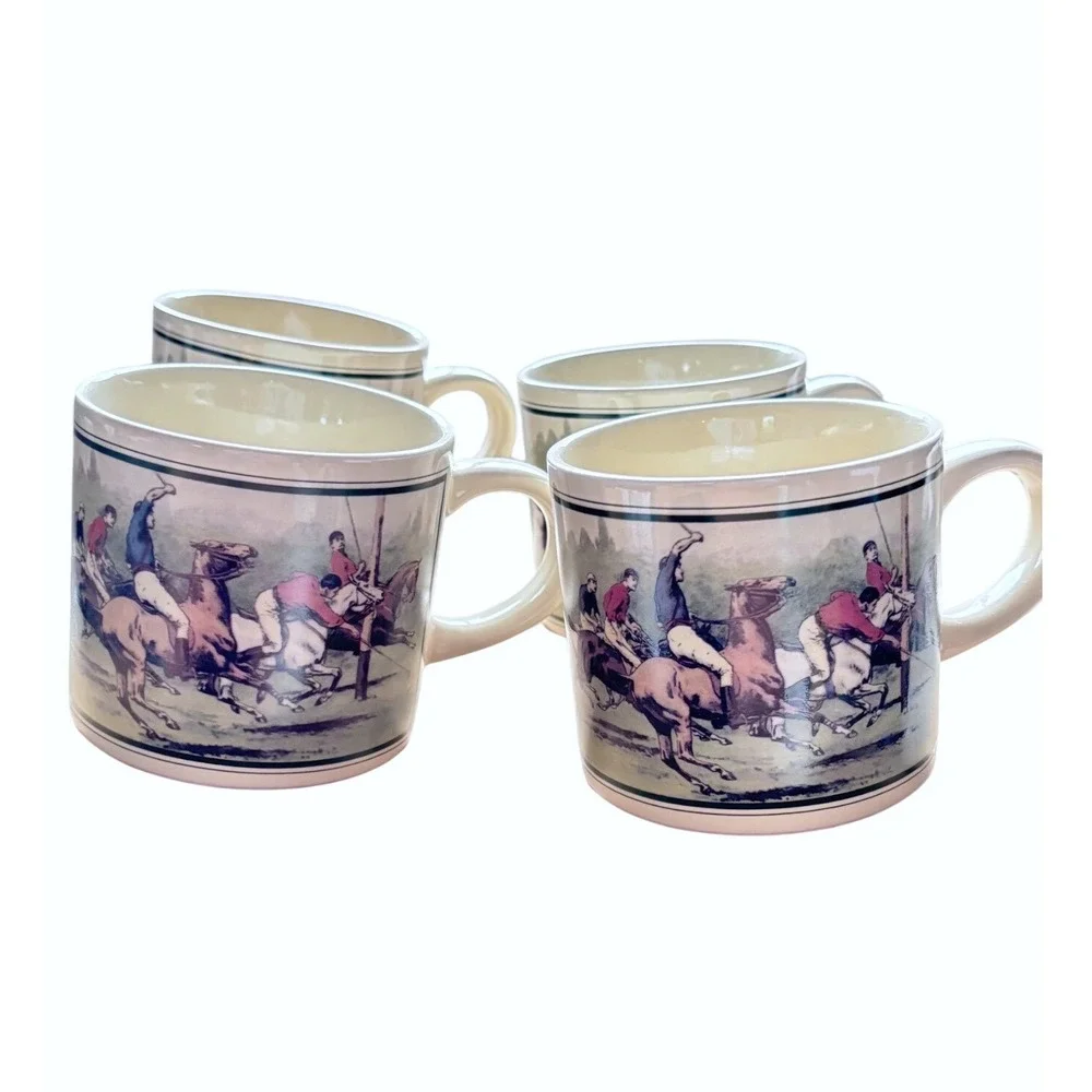 Vintage 1978 Polo Ralph Lauren Thoroughbred Mugs Set of 4 Equestrian 12 Oz Box